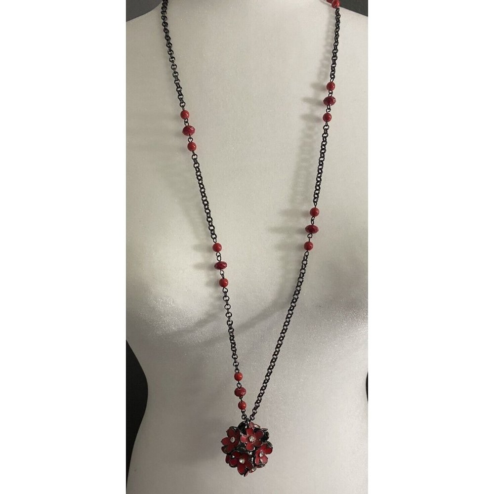 Red Flowered Ball Costume Jewelry Long Necklace 18”